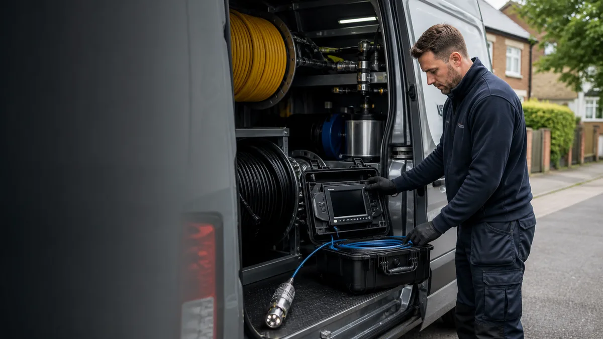 Vetted drainage engineer checking equipment inside a clean service van