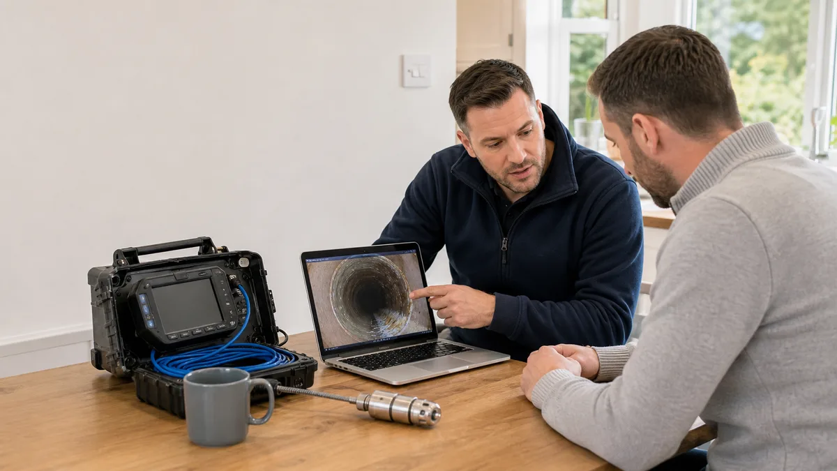 Drainage engineer explaining a CCTV drain survey image to a homeowner