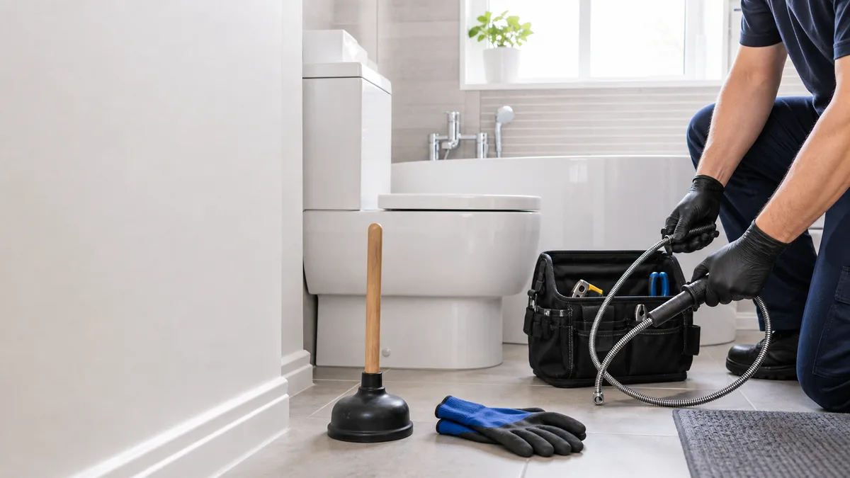 Clean bathroom drainage tools prepared for a blocked toilet callout